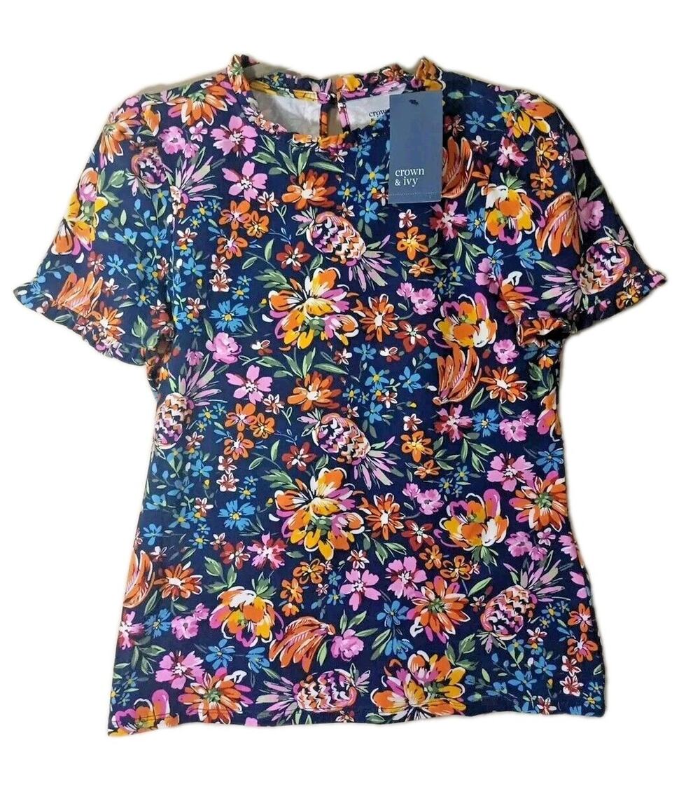 NWT Crown & Ivy Womens Floral Stretch Top Small Pima Cotton Short Sleeve